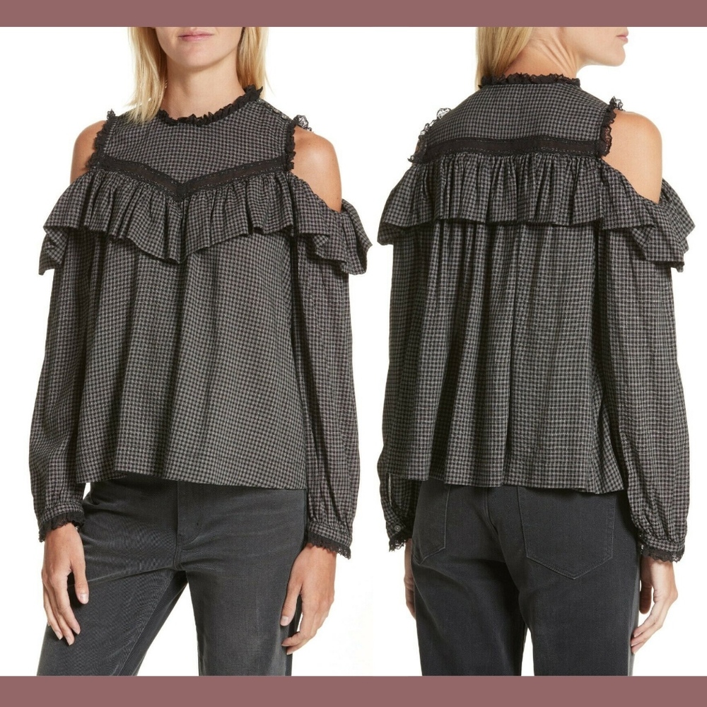 NWT $225 LA VIE Rebecca Taylor‎ Plaid Ruffle Cold Shoulder Top [SZ Medium ]